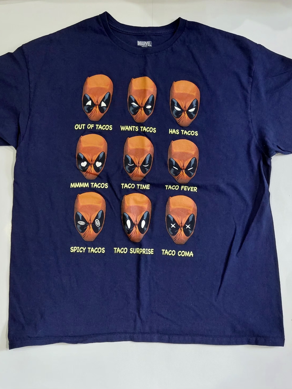 Marvel Vintage Mens Navy Deadpool T-Shirt with Taco Faces Size Xlg